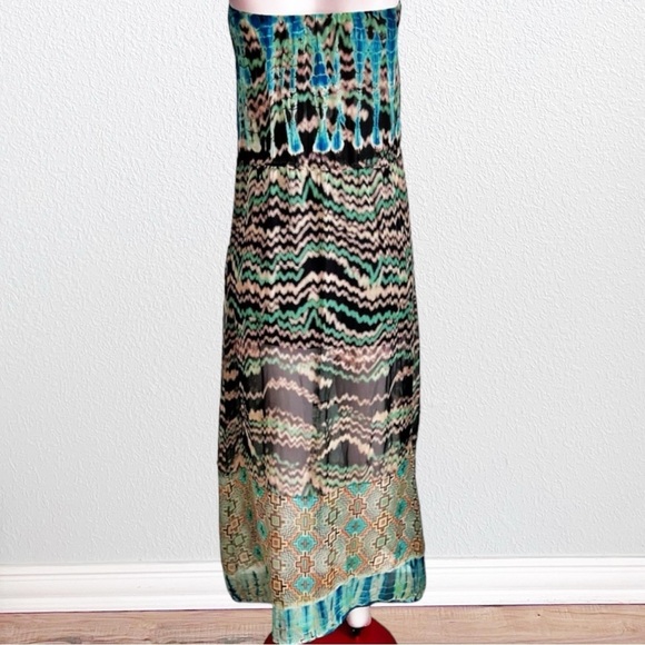 Language Silk Southwest Boho Tribal Strapless Maxi Dress Turquoise SZ S - Picture 3 of 13